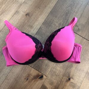 Cacique Pink and Black Lace Bra with Underwire Support Smooth Boost Plunge